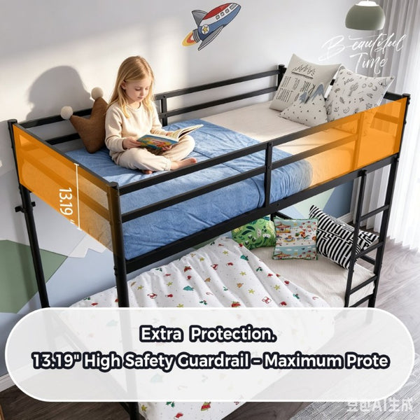 English Elm Bunk Bed Twin Over Iron Frame with Full Guardrail Ladder Matte Black Kids Room W5635P503141