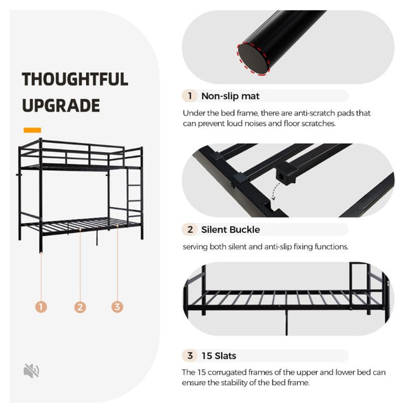 English Elm Bunk Bed Twin Over Iron Frame with Full Guardrail Ladder Matte Black Kids Room W5635P503141
