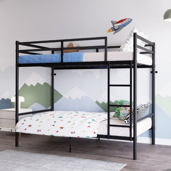 English Elm Bunk Bed Twin Over Iron Frame with Full Guardrail Ladder Matte Black Kids Room W5635P503141