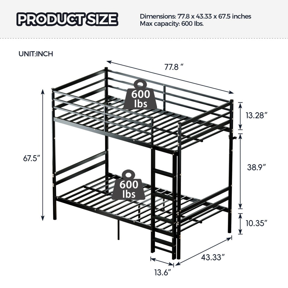 English Elm Bunk Bed Twin Over Iron Frame Space Saving Kids and Teen Bedroom Sleeper W5635P505604