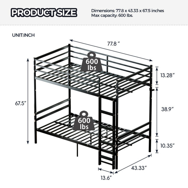 English Elm Bunk Bed Twin Over Iron Frame Space Saving Kids and Teen Bedroom Sleeper W5635P505604