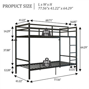 English Elm Twin Over Bunk Bed Heavy Duty Iron Frame Noise Free Guardrail Kids Dorm Room Black W5635P506562