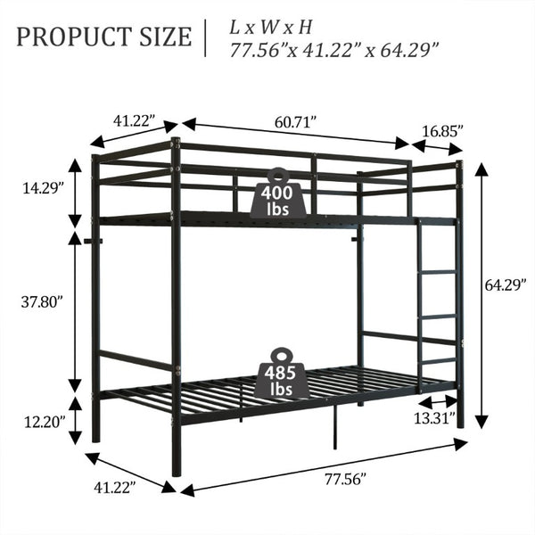 English Elm Twin Over Bunk Bed Heavy Duty Iron Frame Noise Free Guardrail Kids Dorm Room Black W5635P506562