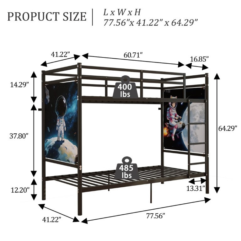 English Elm Single-Bed Twin Over Iron Bunk Bed for Kids with Full Guardrail and Storage W5635P506582