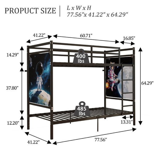 English Elm Single-Bed Twin Over Iron Bunk Bed for Kids with Full Guardrail and Storage W5635P506582