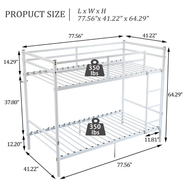 English Elm Twin Over Bunk Bed Heavy Duty Iron Frame Noise Free Guardrail Kids Dorm Room White W5635P507066