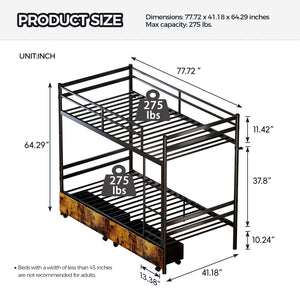 English Elm Metal Bunk Bed Steel Frame with High Guardrail Under Bed Storage and Safe Ladder W5635P507753