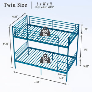 English Elm Bunk Bed Twin Over Iron Frame with Full Guardrail Ladder and Noise Free Design Blue W5635P510151