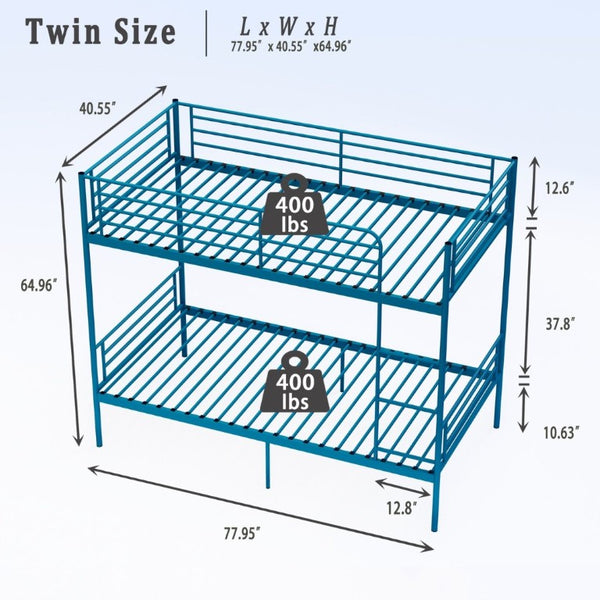 English Elm Bunk Bed Twin Over Iron Frame with Full Guardrail Ladder and Noise Free Design Blue W5635P510151