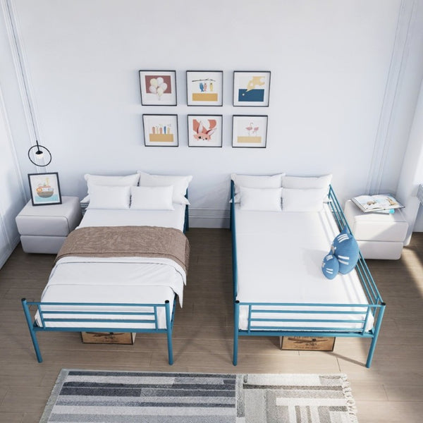 English Elm Bunk Bed Twin Over Iron Frame with Full Guardrail Ladder and Noise Free Design Blue W5635P510151