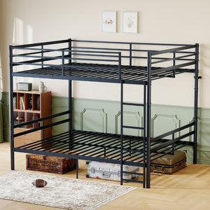English Elm Queen-Size Heavy Duty Iron Bunk Bed with Full Guardrails and Built-In Storage Black W5635P512317
