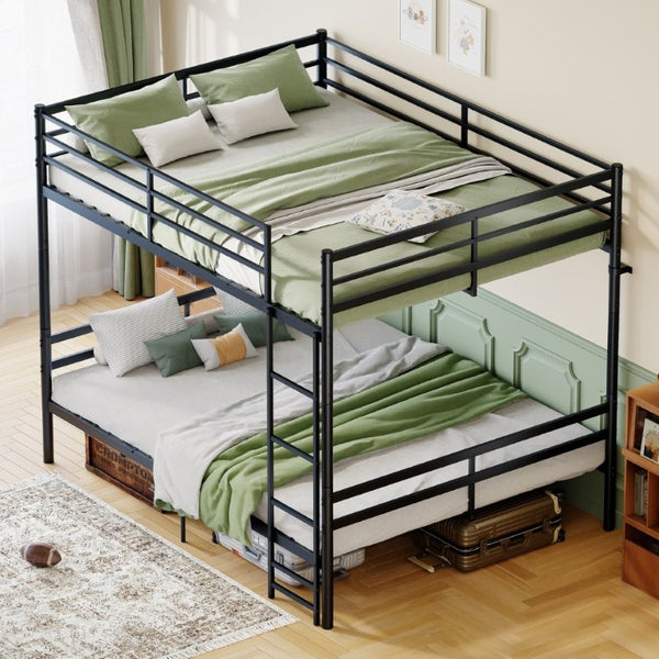 English Elm Queen-Size Heavy Duty Iron Bunk Bed with Full Guardrails and Built-In Storage Black W5635P512317