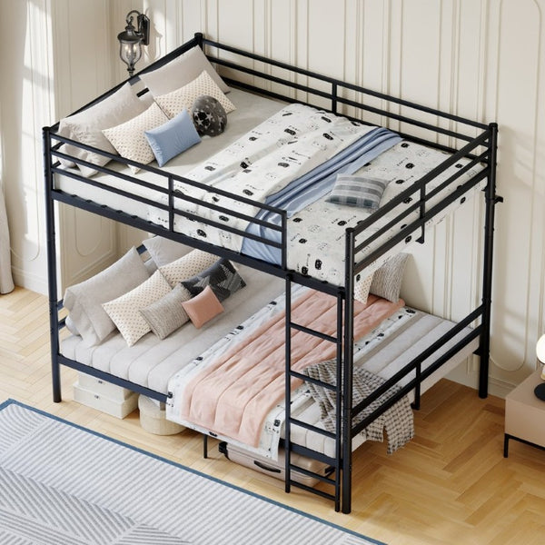 English Elm Metal Full Size Bunk Bed Heavy Duty Iron Frame with Guardrail Ladder and Storage Space W5635P513025