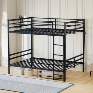 English Elm Metal Full Size Bunk Bed Heavy Duty Iron Frame with Guardrail Ladder and Storage Space W5635P513025