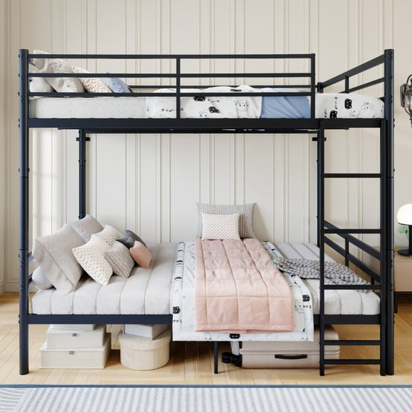 English Elm Metal Full Size Bunk Bed Heavy Duty Iron Frame with Guardrail Ladder and Storage Space W5635P513025