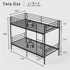 English Elm Bunk Bed Twin Over Iron Frame with Full Guardrail Ladder and Noise Free Design Black W5635P516728