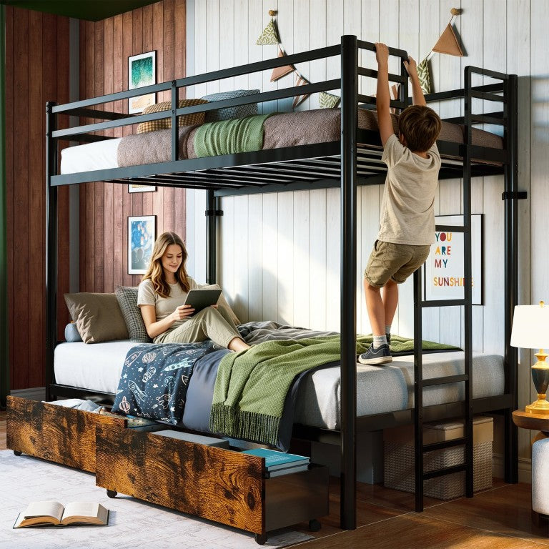 English Elm Twin Over Steel Bunk Bed with Storage Drawers Guardrail and Ladder in Black W5635P518210