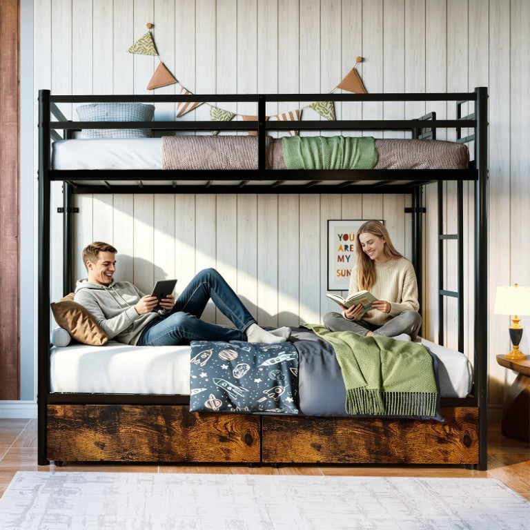 English Elm Twin Over Steel Bunk Bed with Storage Drawers Guardrail and Ladder in Black W5635P518210