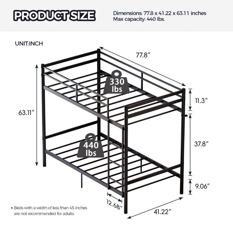 English Elm Metal Bunk Bed Iron Frame with Guardrails and Under Storage for Kids and Teens W5635P521221