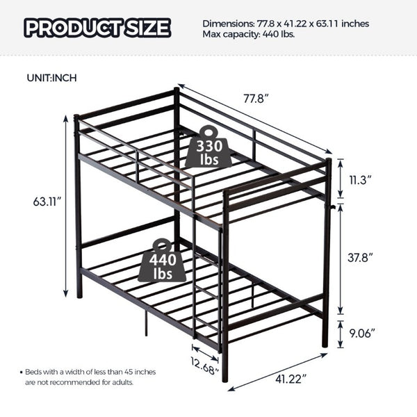 English Elm Metal Bunk Bed Iron Frame with Guardrails and Under Storage for Kids and Teens W5635P521221