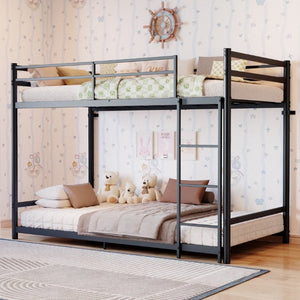 English Elm Black Iron Twin Bunk Bed with Safety Guardrail Slat Support and Under Frame Storage W5635P521282