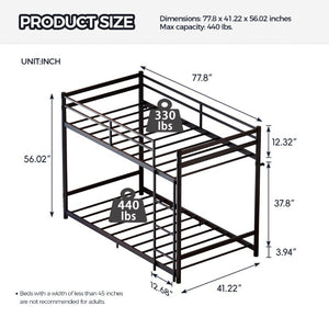 English Elm Black Iron Twin Bunk Bed with Safety Guardrail Slat Support and Under Frame Storage W5635P521282
