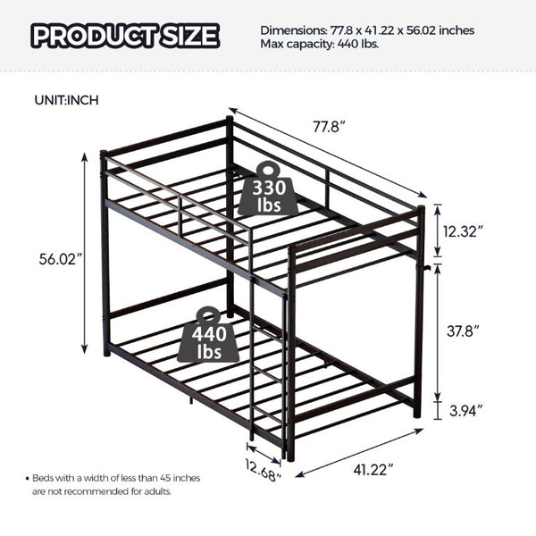 English Elm Black Iron Twin Bunk Bed with Safety Guardrail Slat Support and Under Frame Storage W5635P521282