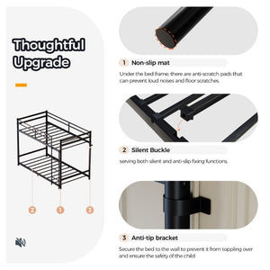 English Elm Black Iron Twin Bunk Bed with Safety Guardrail Slat Support and Under Frame Storage W5635P521282