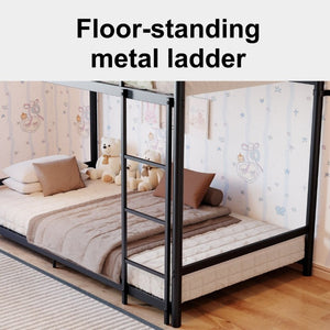English Elm Black Iron Twin Bunk Bed with Safety Guardrail Slat Support and Under Frame Storage W5635P521282