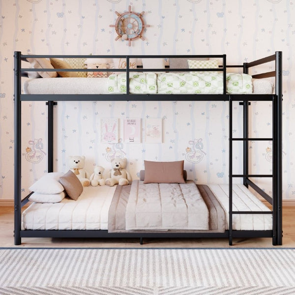 English Elm Black Iron Twin Bunk Bed with Safety Guardrail Slat Support and Under Frame Storage W5635P521282