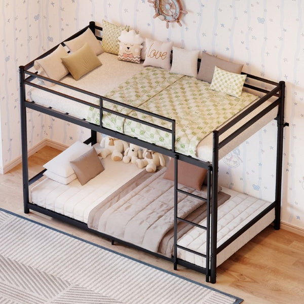 English Elm Black Iron Twin Bunk Bed with Safety Guardrail Slat Support and Under Frame Storage W5635P521282