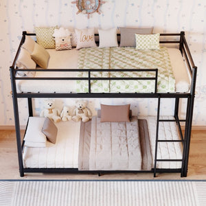 English Elm Black Iron Twin Bunk Bed with Safety Guardrail Slat Support and Under Frame Storage W5635P521282