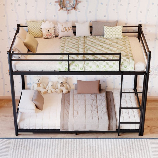 English Elm Black Iron Twin Bunk Bed with Safety Guardrail Slat Support and Under Frame Storage W5635P521282
