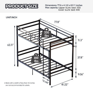 English Elm Black Iron Twin Bunk Bed with Guardrail Convertible Frame and Under Bed Storage Space W5635P521291
