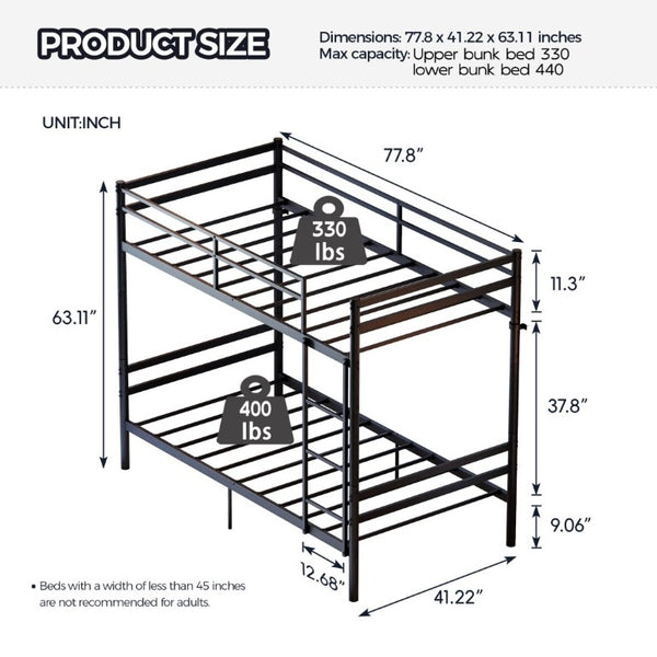 English Elm Black Iron Twin Bunk Bed with Guardrail Convertible Frame and Under Bed Storage Space W5635P521291
