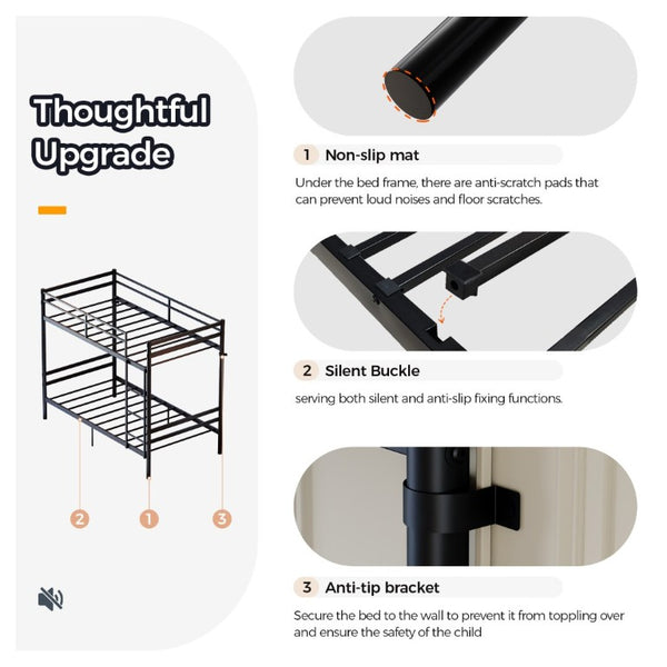 English Elm Black Iron Twin Bunk Bed with Guardrail Convertible Frame and Under Bed Storage Space W5635P521291