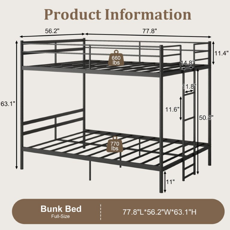 English Elm Full Over Bunk Bed Heavy Duty Carbon Steel Frame with Guardrail and Integrated Ladder W5635P521435