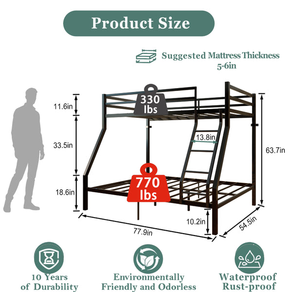 English Elm Twin Over Full Bunk Bed Powder Coated Metal Frame with Guardrails and Underbed Storage W5635P525926