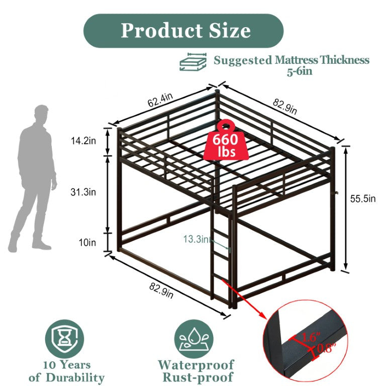 English Elm Queen Metal Loft Bed for Teens with Full Guardrails and Under Clearance Space W5635P533019