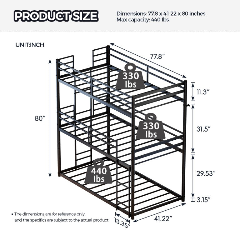 English Elm Metal Triple Bunk Bed Convertible Steel Frame Three Twin Sleeping Surfaces Modular W5635P534085