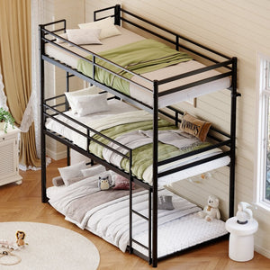 English Elm Heavy Duty Steel Bunk Bed Convertible Twin Frame with Full Guardrails for Kids Rooms Twin Over Twin Over Twin W5635P534091