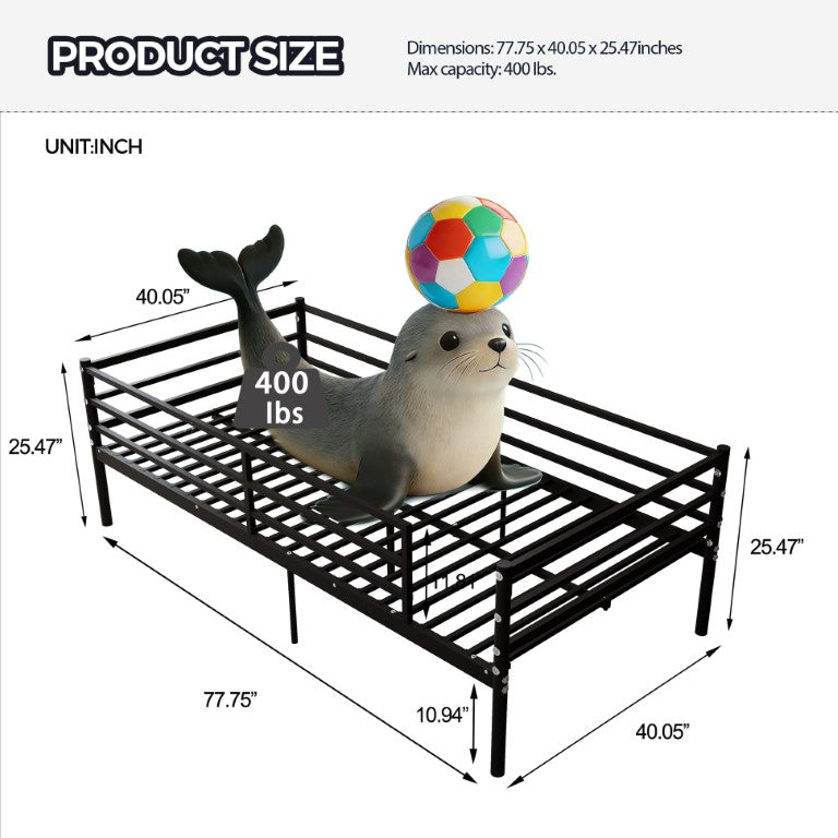 English Elm Twin Metal Platform Bed for Kids with Three Side Guardrails and Steel Slat Support W5635P548292