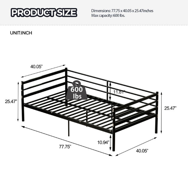 English Elm Twin Steel Platform Bed with Guardrails Matte Black Heavy Duty 600 Lb Modern W5635P548316