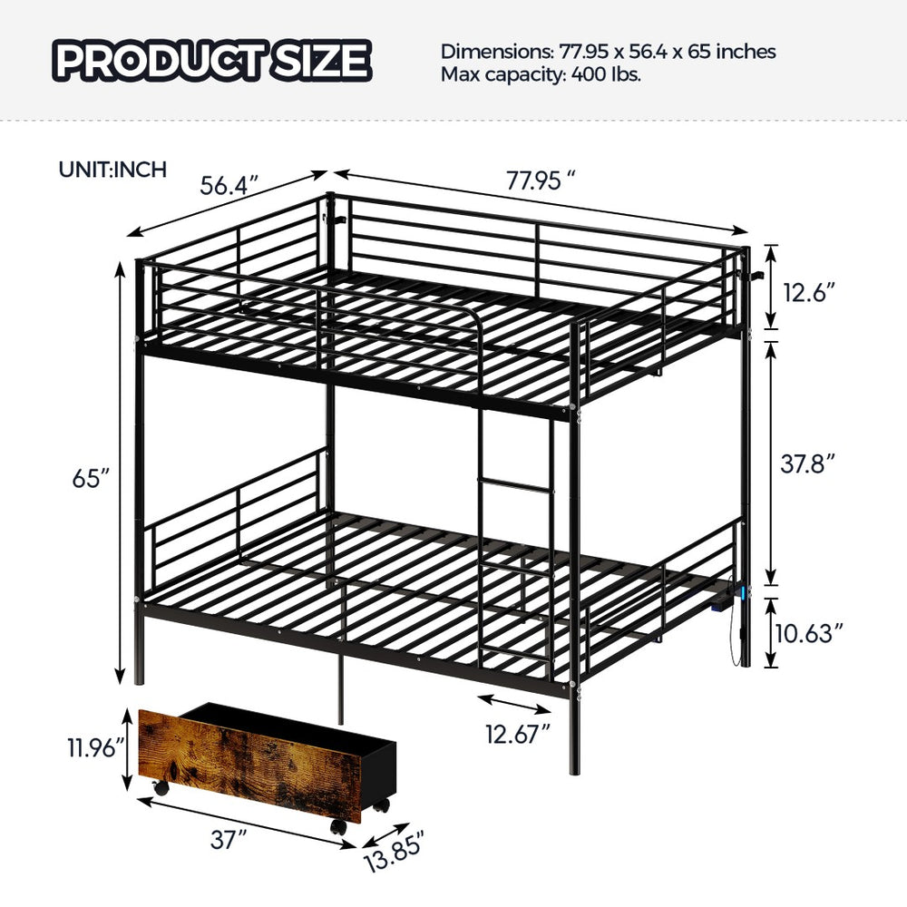 English Elm Bunk Bed Twin Over Convertible Iron Frame with Safety Guardrail for Kids W5635S00007