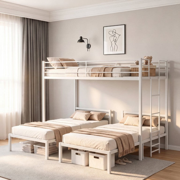 English Elm Triple Bunk Bed Steel T-Shaped Frame for Kids with Guardrails and Under-Bed Storage White W5635S00009