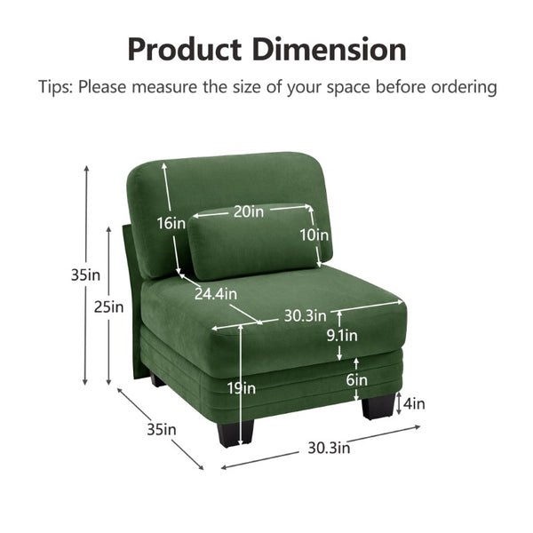 English Elm Armless Chenille Modular Sofa with Quilted Cushions for Contemporary Living Rooms Green W5656P535121