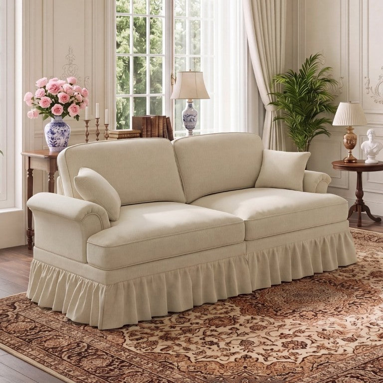 English Elm Windsor Chenille Loveseat with Sculptural Petal Arms and Detachable Ruffle Skirt Accent Beige W5656P575093