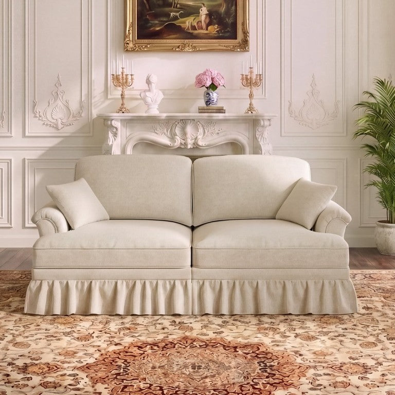 English Elm Windsor Chenille Loveseat with Sculptural Petal Arms and Detachable Ruffle Skirt Accent Beige W5656P575093