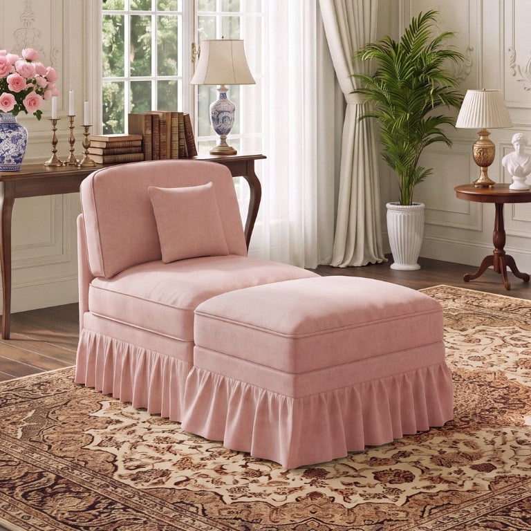 English Elm Windsor Chenille Chair and Ottoman Set with Ruffle Skirts for Elegant Living Pink W5656P575108