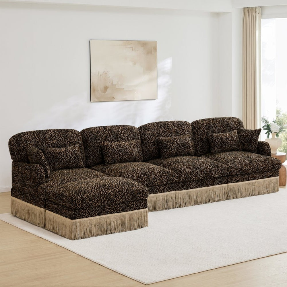 English Elm 131"comfy Chenille Leopard Print Sectional Sofa with Tassel Trim and Modular Ottoman W5656S00017
